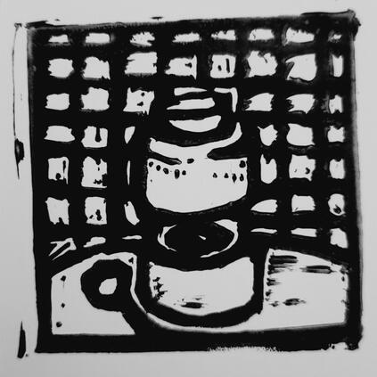 A linoleum block print of a jar of bubbles on a table infront of a gridded background. It is based off the lyric, "Some days I'm Agnes, but just as often I would rather be Hilda." From the song Agnes and Hilda by Patricia Taxxon from the album of the same